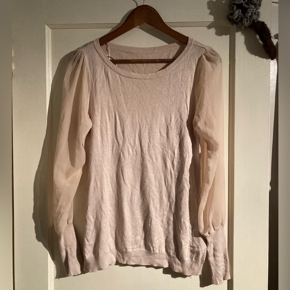 Beige Sheer-Sleeved Orsay Sweater